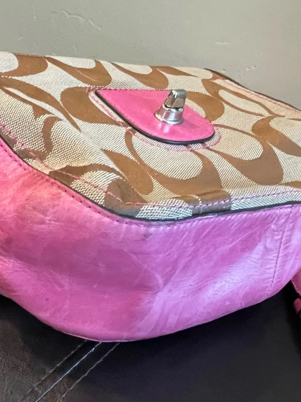 Coach Pink 70th anniversary Signature Canvas leather Crossbody Stripe Lining